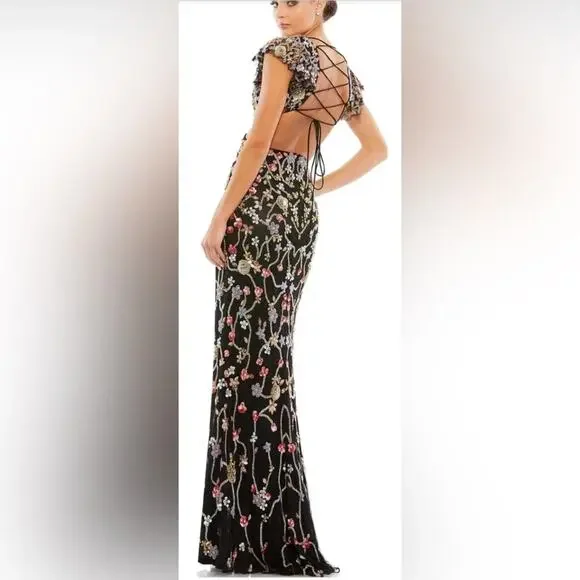 Mac Duggal Embellished Cut Out Ruffled Cap Sleeve beaded lace up back gown 5564 - Picture 2 of 6